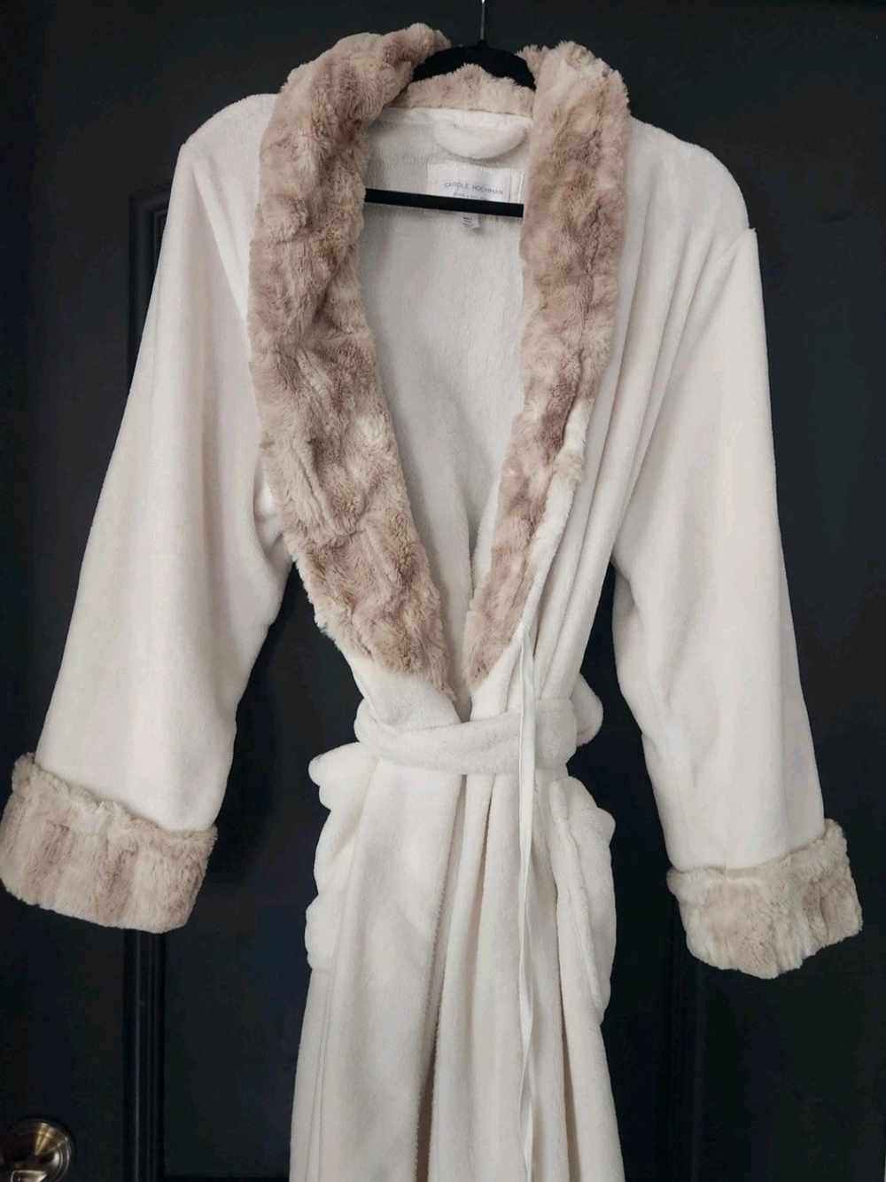Carole Hochman Luxury Ivory Robe Faux Fur Trim Belted Collared L/G